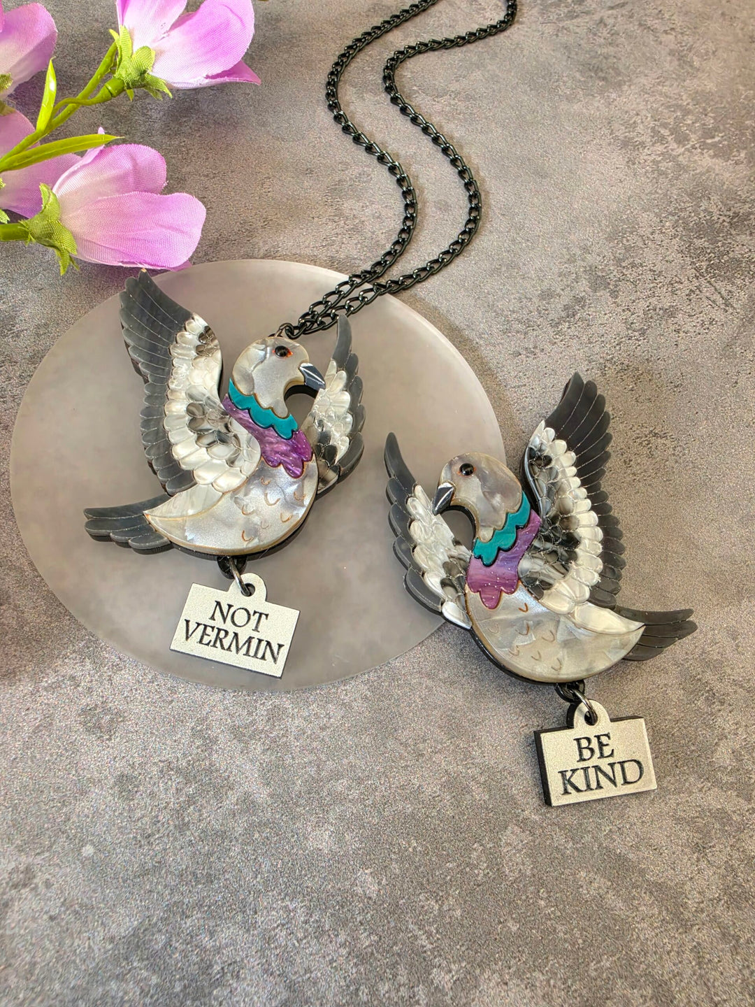 Flying Pigeon Bird Acrylic Statement Brooch or Necklace