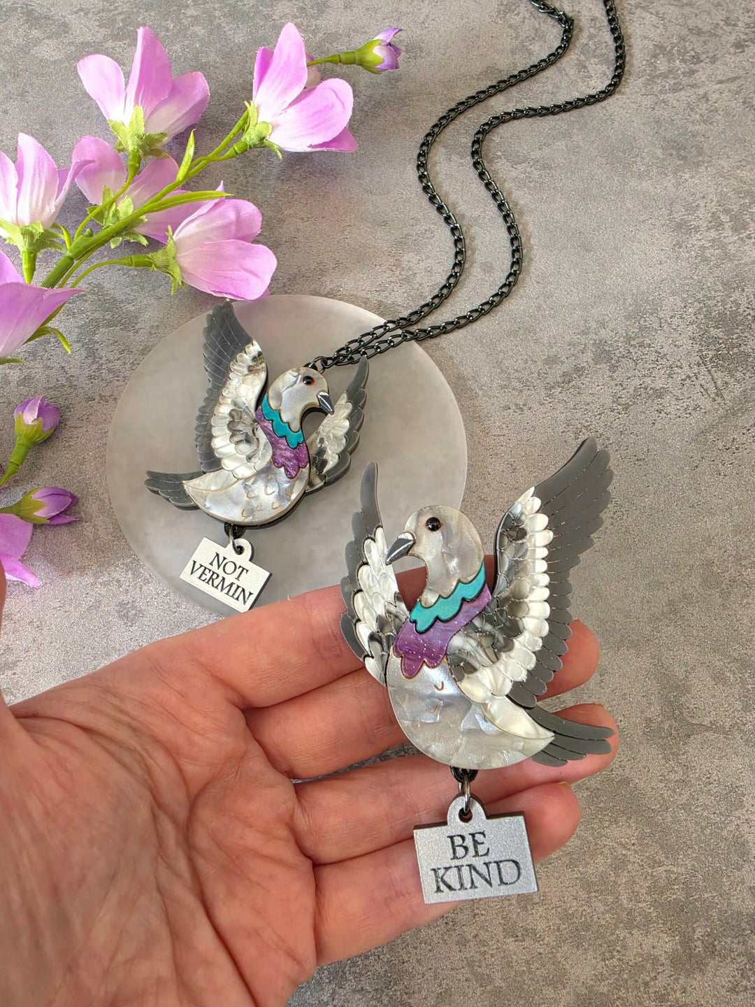 Flying Pigeon Bird Acrylic Statement Brooch or Necklace
