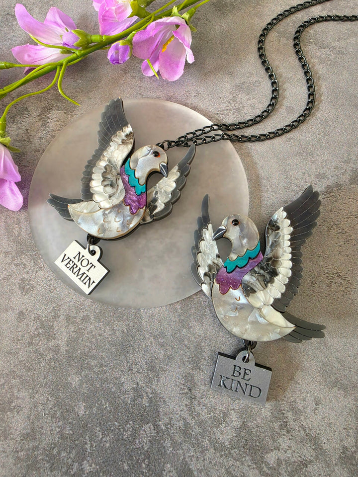 Flying Pigeon Bird Acrylic Statement Brooch or Necklace