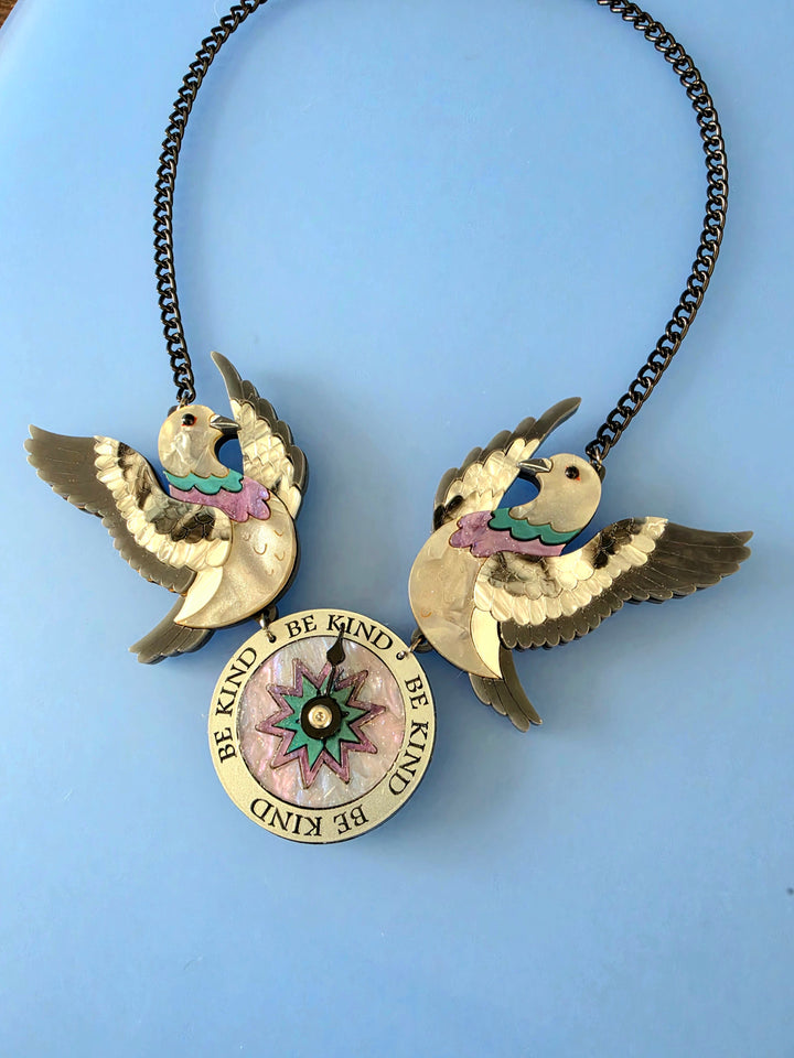 Duo Pigeon Flying Compass Charm Necklace