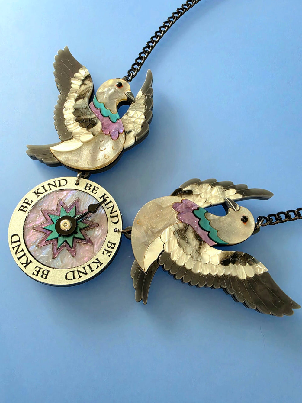 Duo Pigeon Flying Compass Charm Necklace