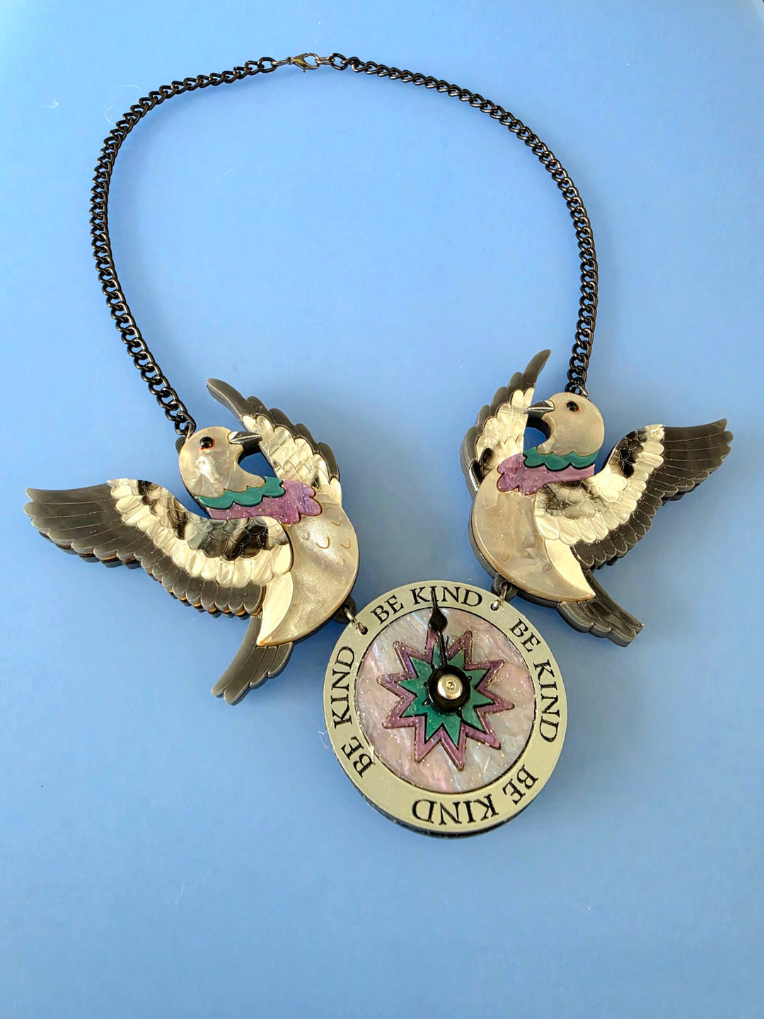 Duo Pigeon Flying Compass Charm Necklace
