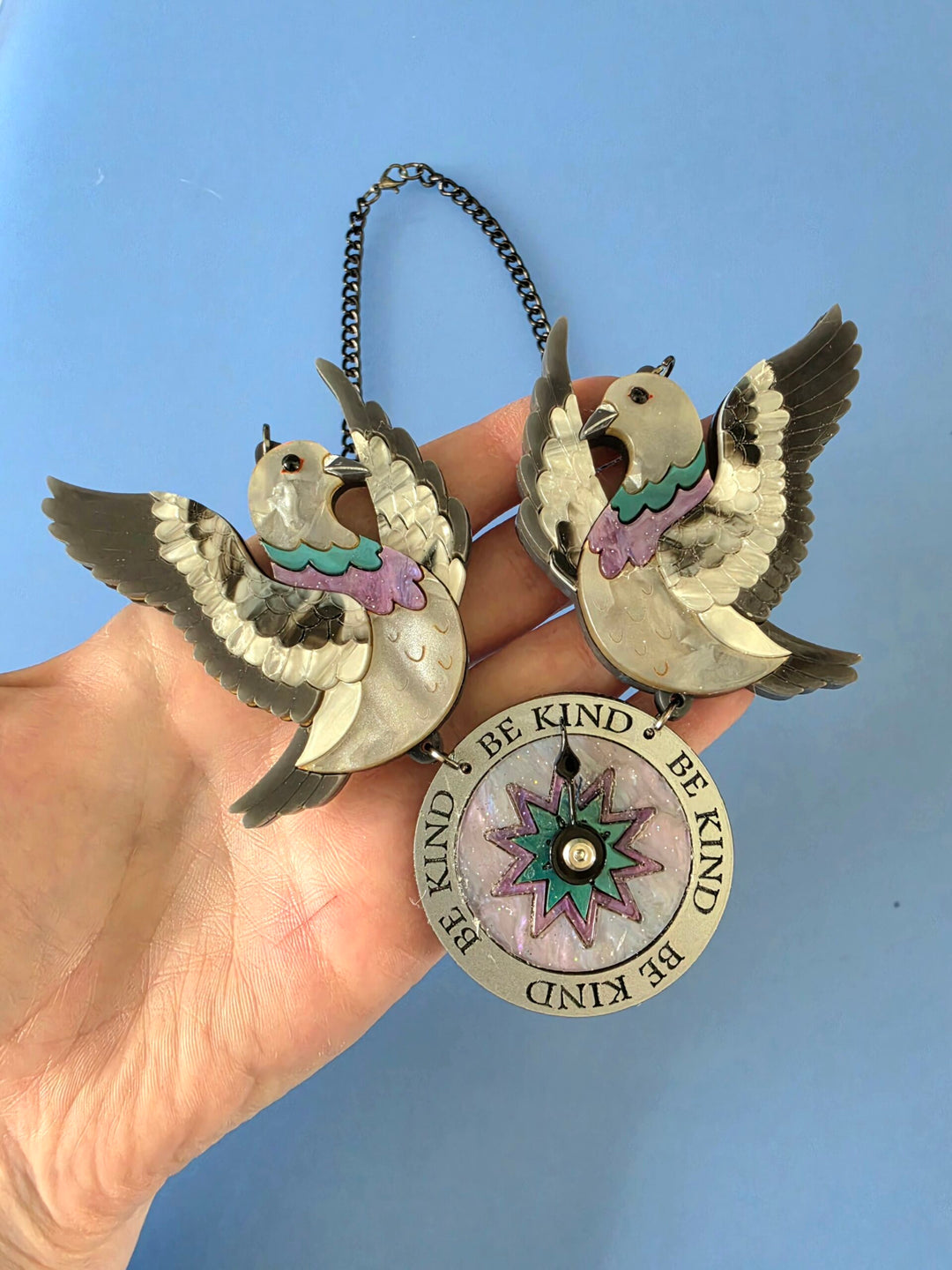 Duo Pigeon Flying Compass Charm Necklace