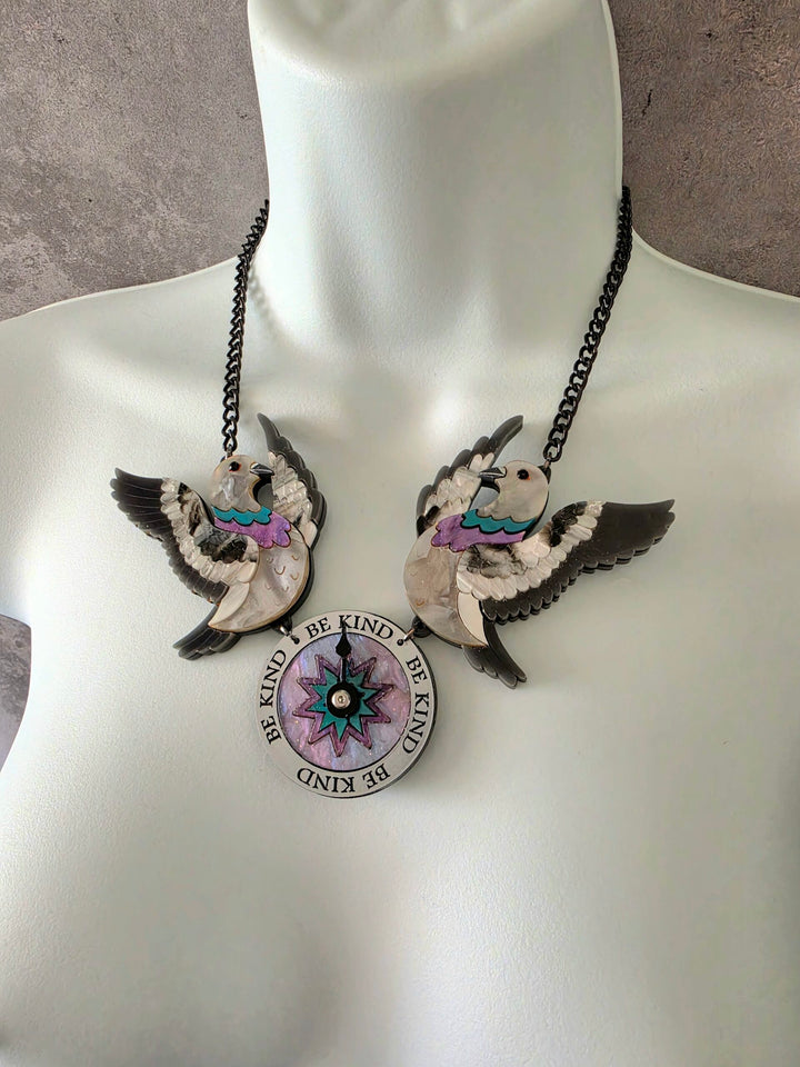 Duo Pigeon Flying Compass Charm Necklace