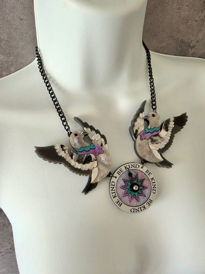 Duo Pigeon Flying Compass Charm Necklace