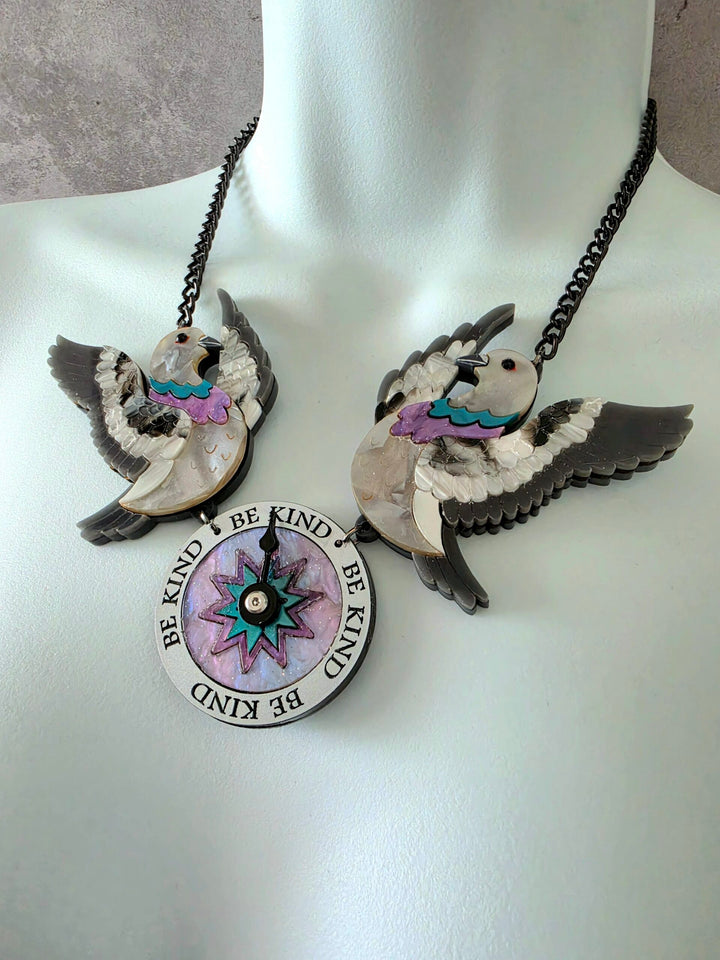 Duo Pigeon Flying Compass Charm Necklace