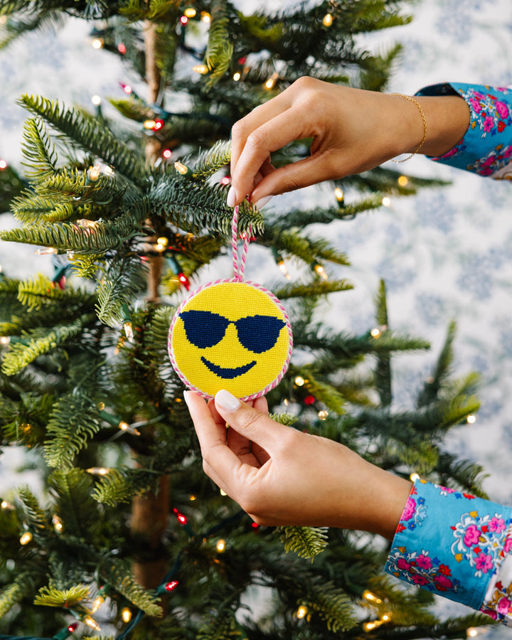 Needlepoint Icon Ornament - Sunglass Emoji