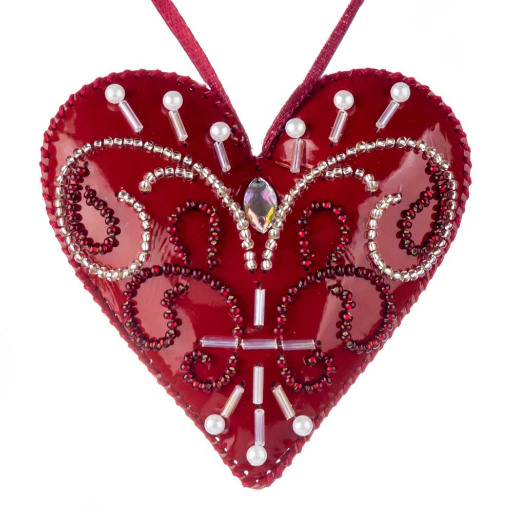 Heart Christmas Ornament Artificial Leather Bead Embroidery Kit by Wonderland Crafts FLBB-136