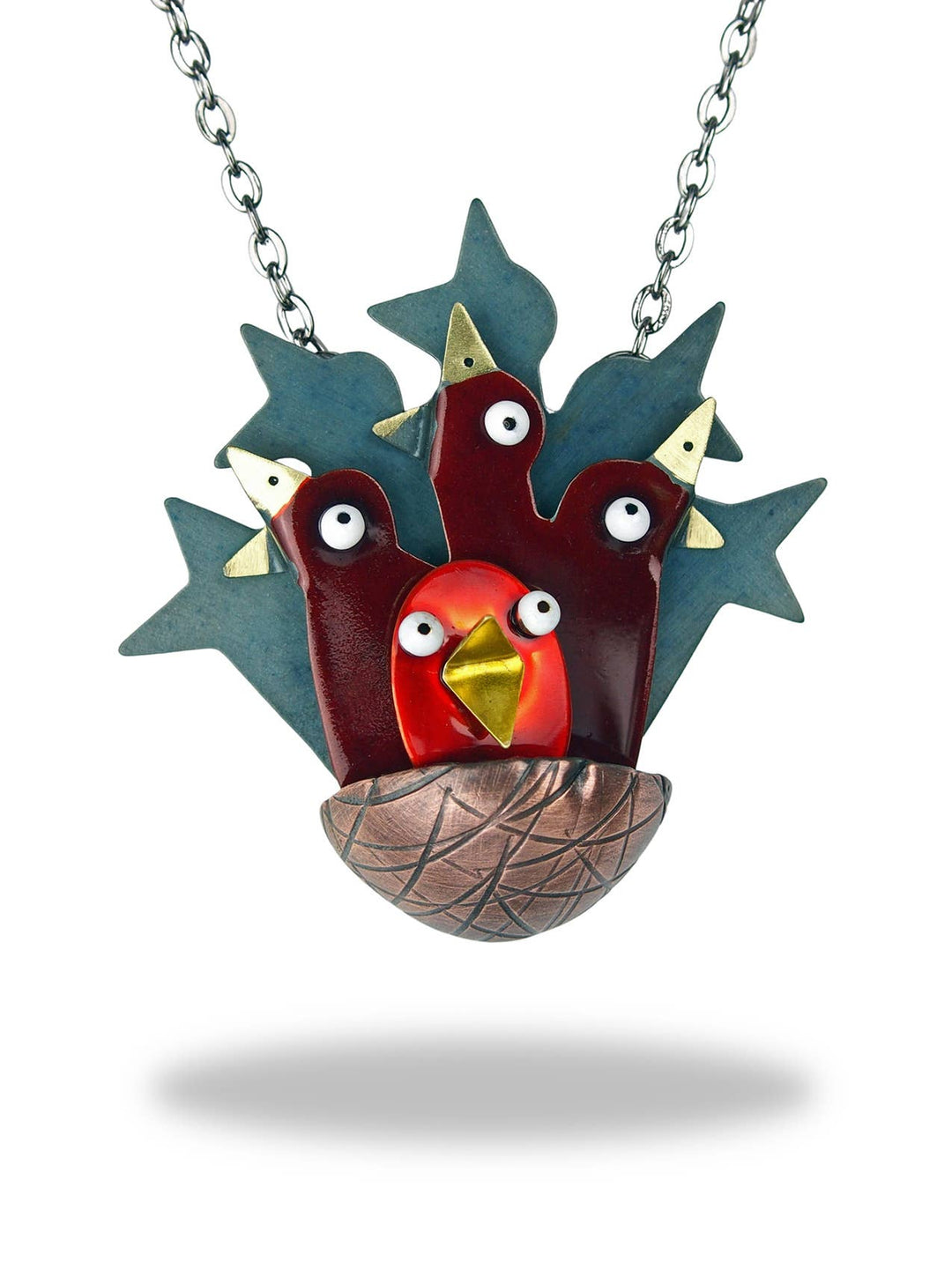 Full House Necklace — layered brass and copper bird nest sculpture necklace, red or blue, by Chickenscratch