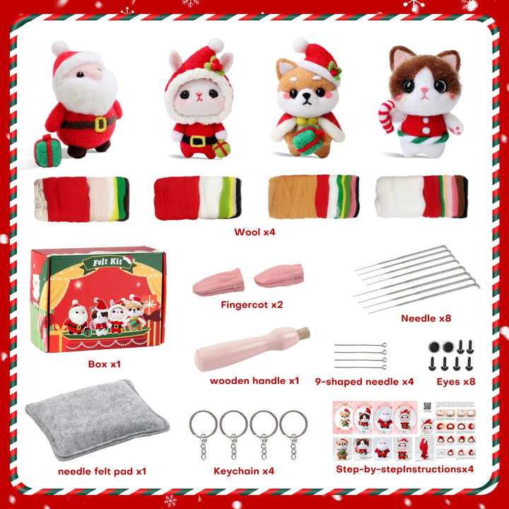 Christmas Bunny, Shiba Inu, Cat and Santa Needle Felting Kit. Wizardi DIY Wool Craft Kit F07N8-Z-06
