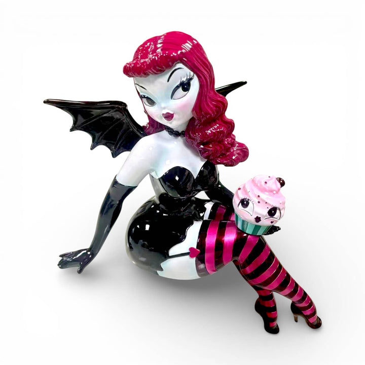 Verna Bat Girl 27.5 inch Shelf Sitter with Cupcake by Miss Fluff for December Diamonds, Halloween statement piece