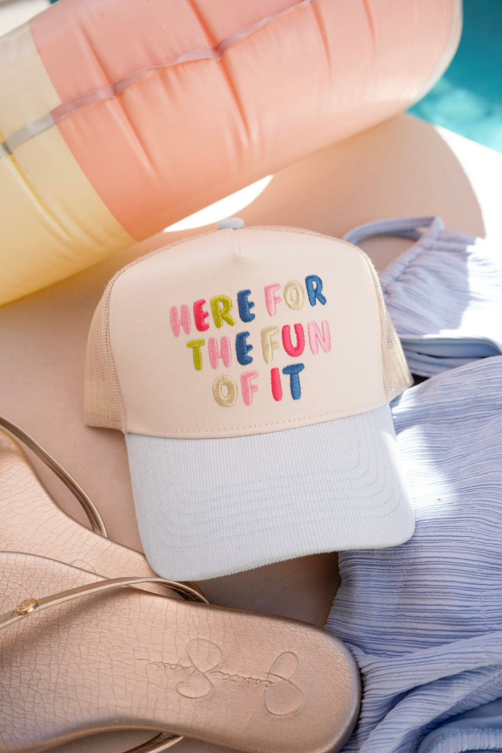 Here for the Fun of it - Baby Blue Corduroy Trucker Hat