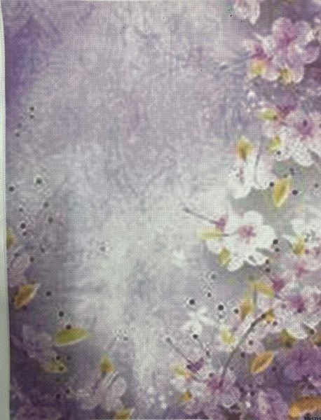 Violet Blossom Designer Printed AIDA Fabric. Canvas for embroidery with an applied background  KF-1215A