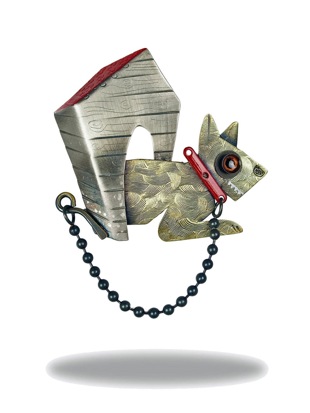 Chickenscratch Watchdog Pin Brooch — handmade mixed metal dog and doghouse brooch with red enamel collar and roof, copper powder eye, white enamel teeth, swinging blackened ball chain leash, 2.5 inch