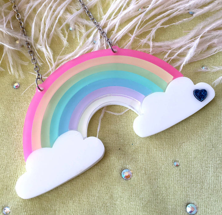 Pastel Frosted Rainbow Acrylic Statement Necklace With Clouds