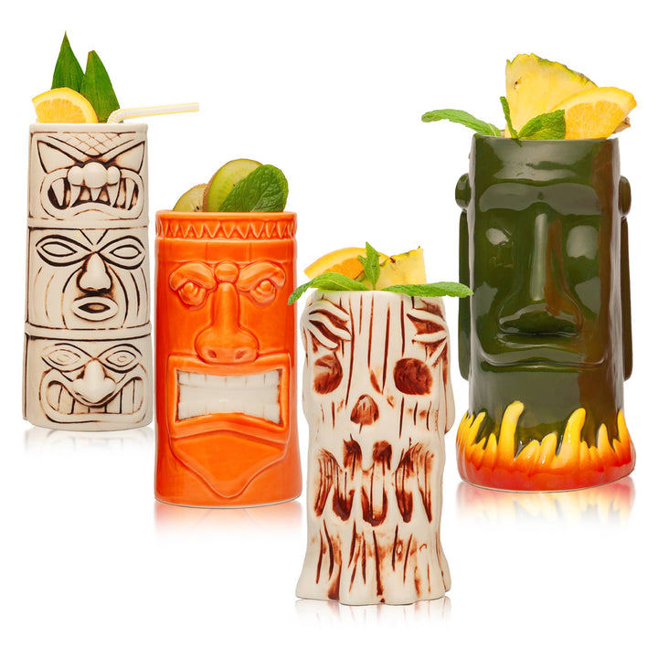 Hand-Carved and Hand-Painted Tiki Mugs - Assorted Set of 8