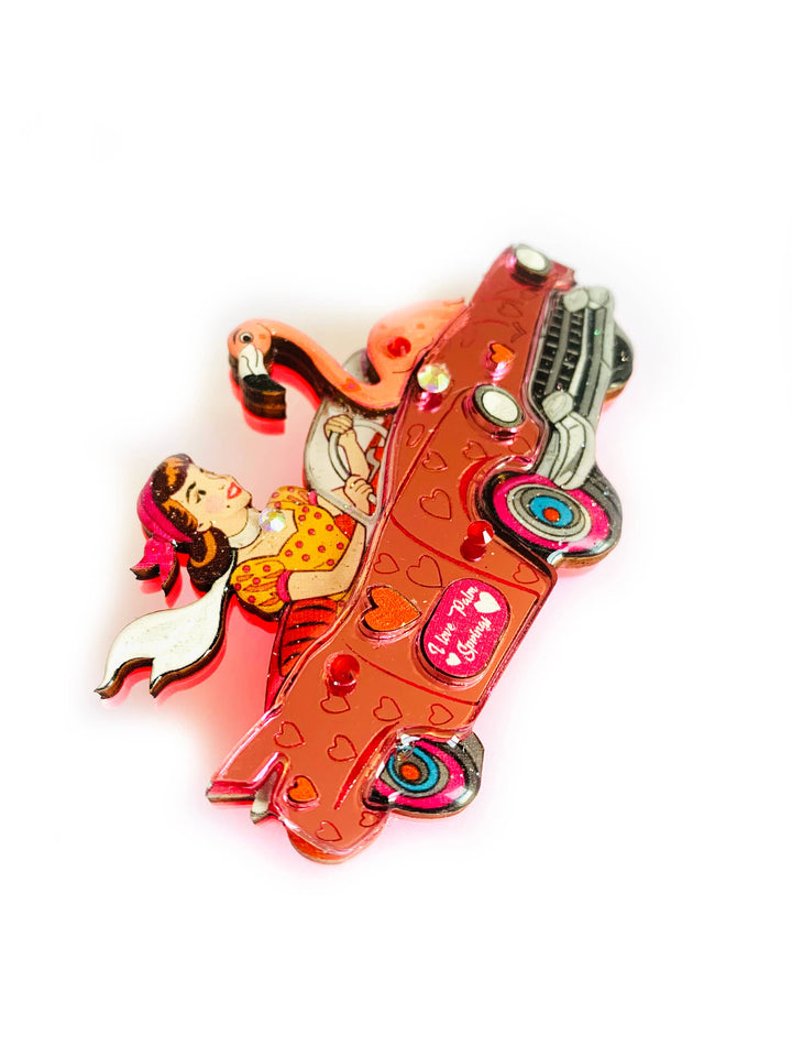 Frankie & the Flamingo Car Brooch by Rosie Rose Parker