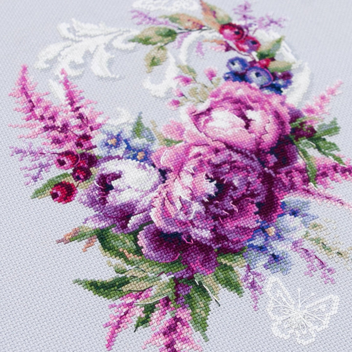 Purple Silk Peonies Counted Cross Stitch Kit by Magic Needle 70-04