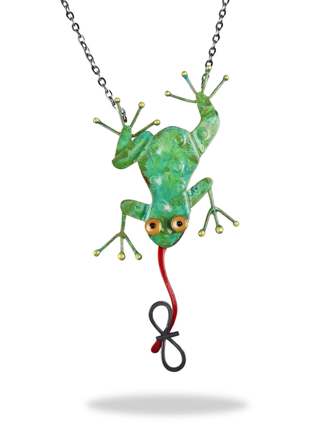 Frog Necklace — green patinated brass frog with swinging red tongue and epoxy resin eyes by Chickenscratch