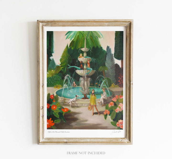 Selfie At The Mermaid Public Fountain Art Print - 8.5" X 11" by Janet Hill