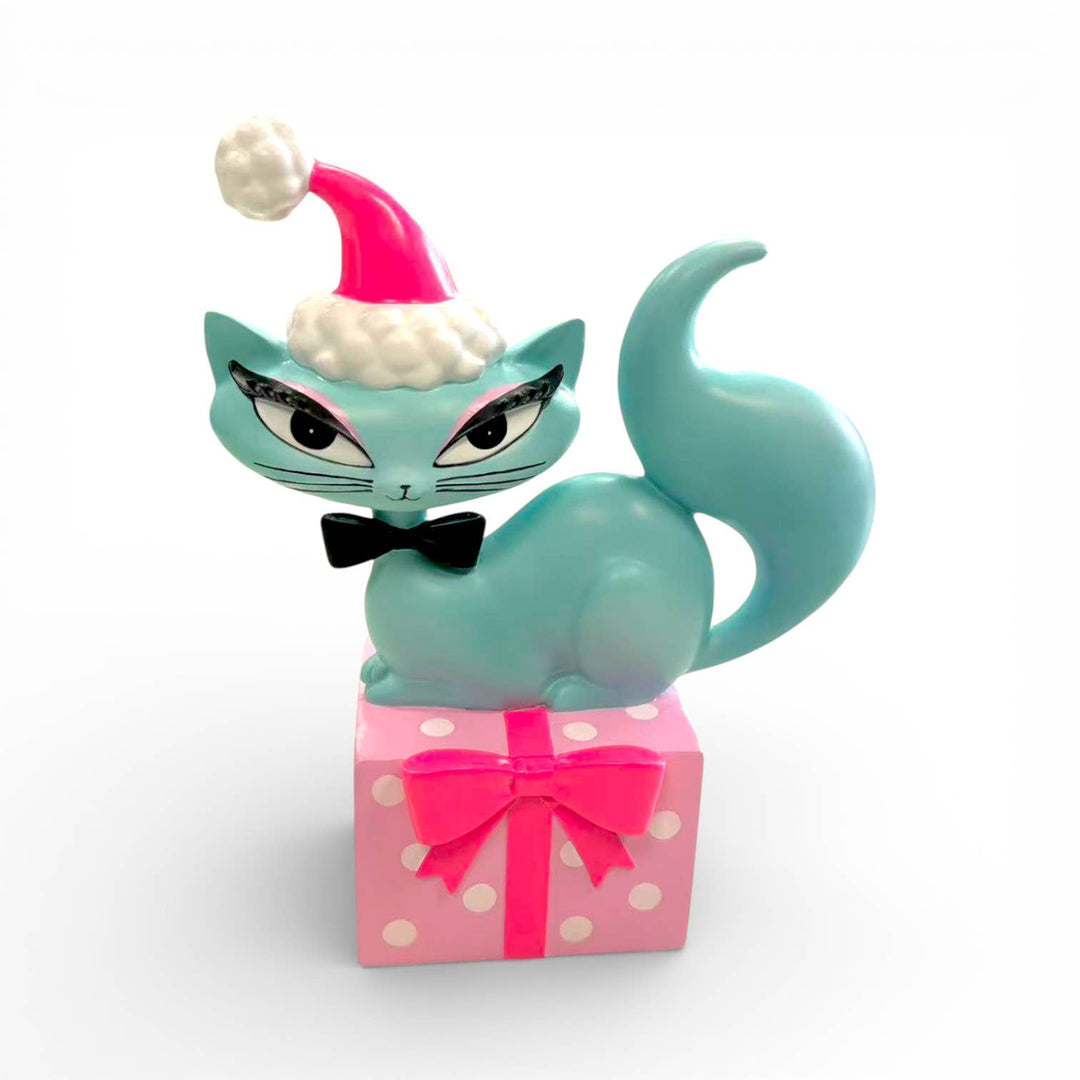 Teal Retro Cat on Pink Gift Box by Miss Fluff
