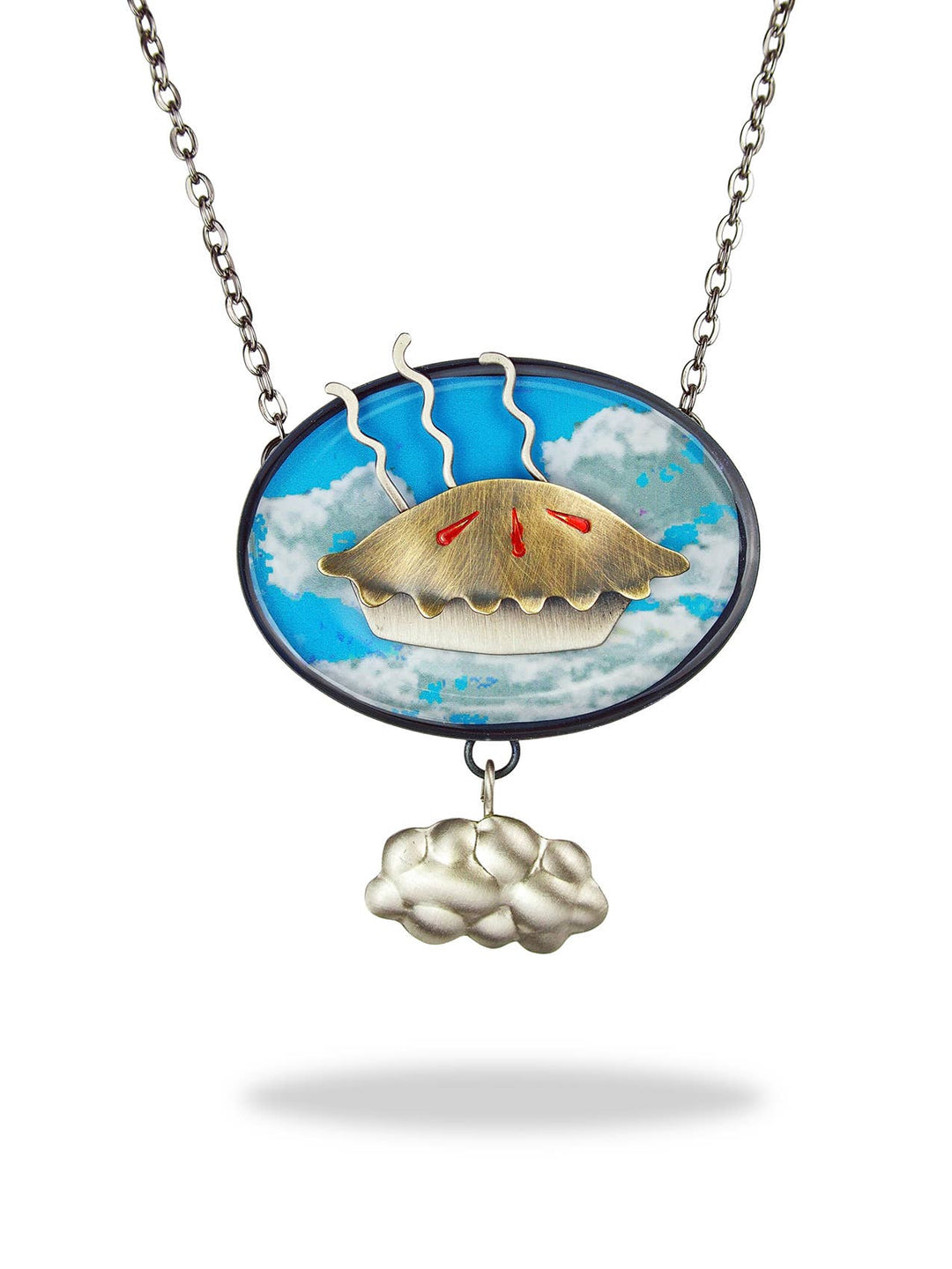 Pie in the Sky Necklace — cherry pie floating on epoxy resin sky with dangling cloud by Chickenscratch