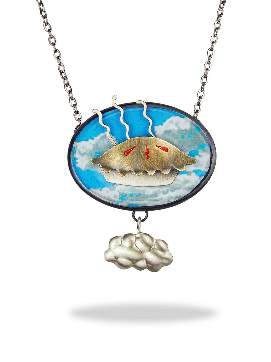 Pie in the Sky Necklace — cherry pie floating on epoxy resin sky with dangling cloud by Chickenscratch