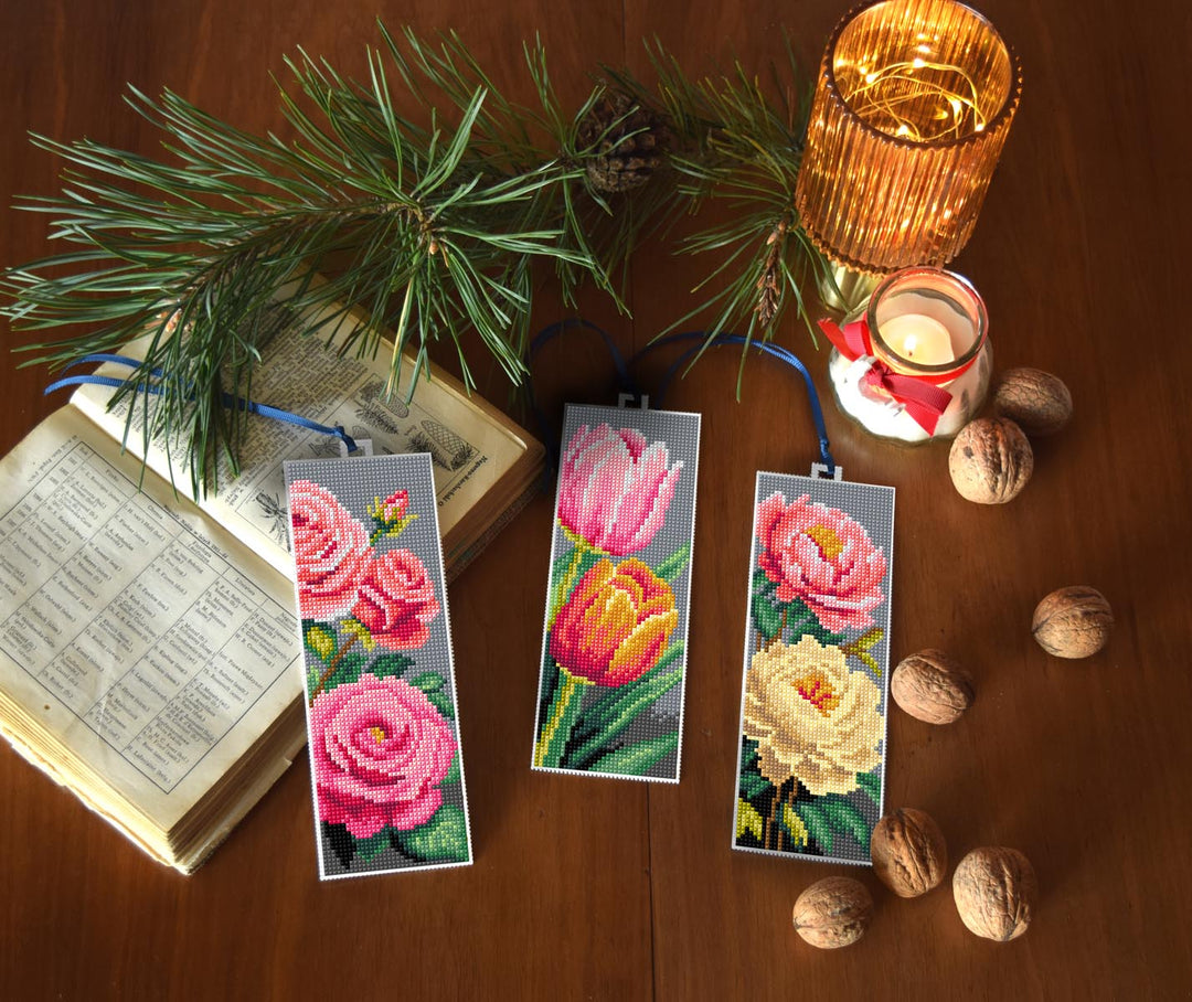 Counted cross stitch kit with plastic canvas Bookmarks "Flowers" set of 3 designs 8714