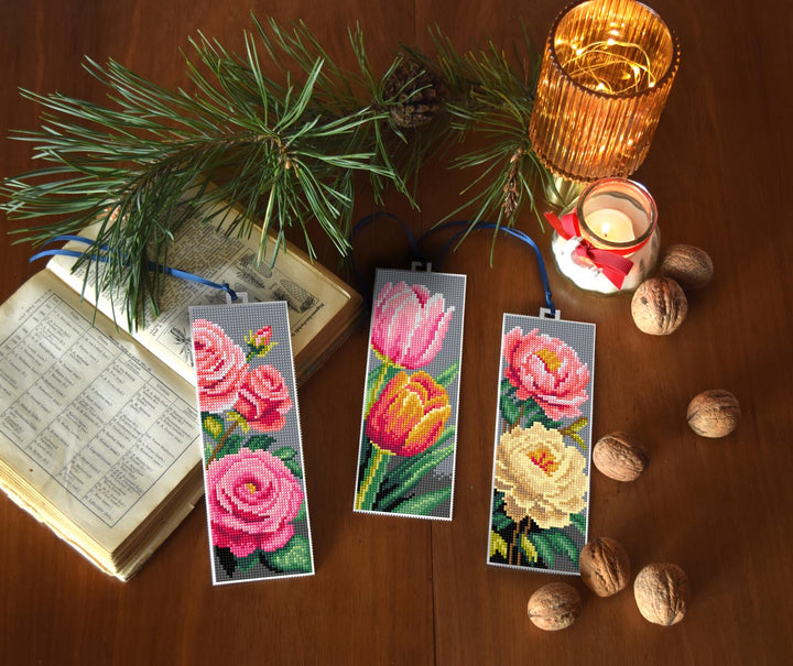 Counted cross stitch kit with plastic canvas Bookmarks "Flowers" set of 3 designs 8714