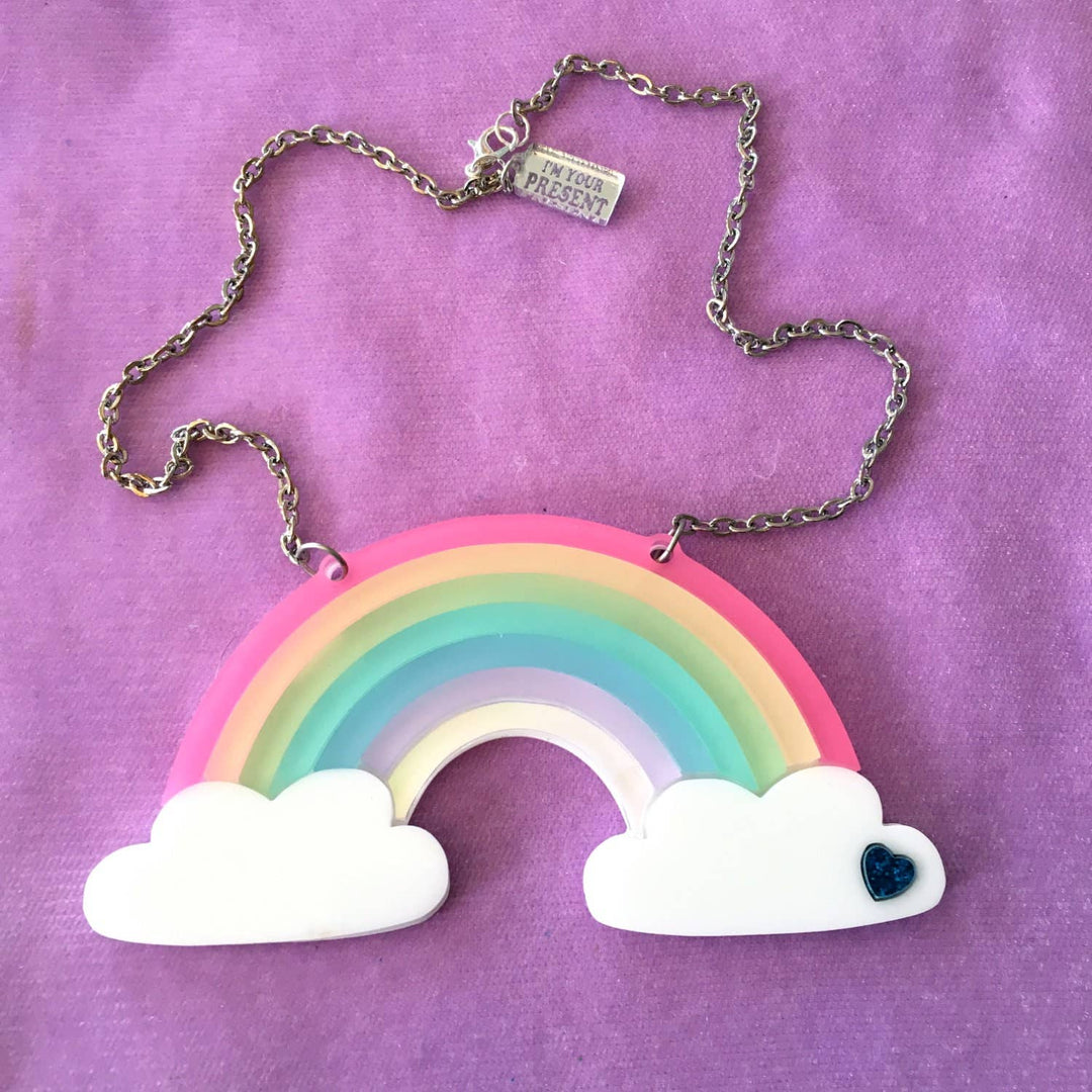 Pastel Frosted Rainbow Acrylic Statement Necklace With Clouds