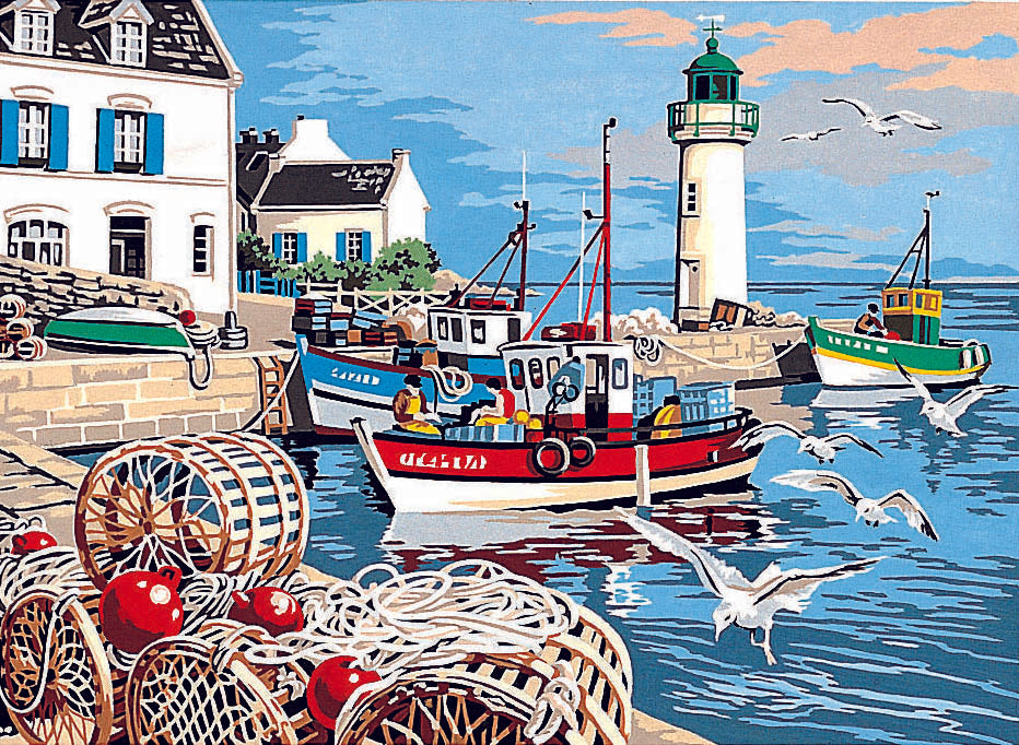 Needlepoint canvas for halfstitch without yarn Canvas The fishing port SE929.279 Seg De Paris Printed Tapestry Canvas