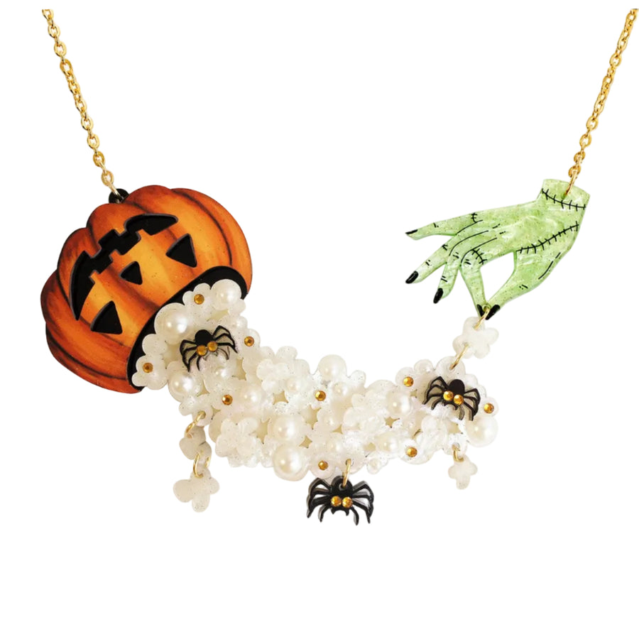Zombie hand grabbing popcorn Halloween necklace — articulated acrylic horror jewelry — LaliBlue Midnight Cinema