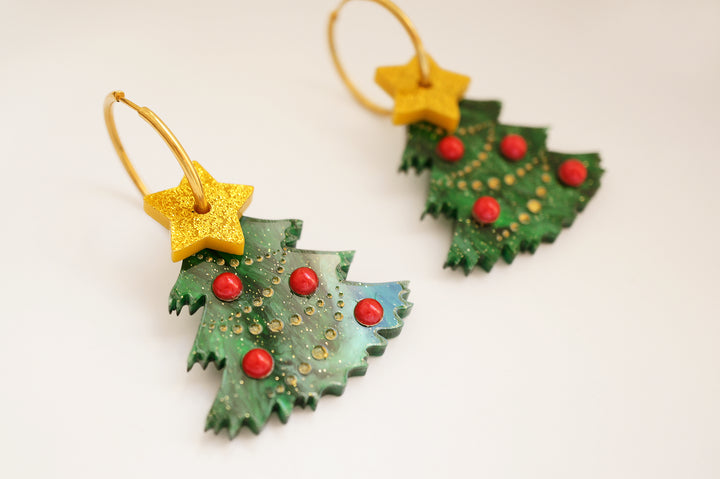 Christmas tree hoop earrings, LaliBlue Christmas jewelry, gold tone