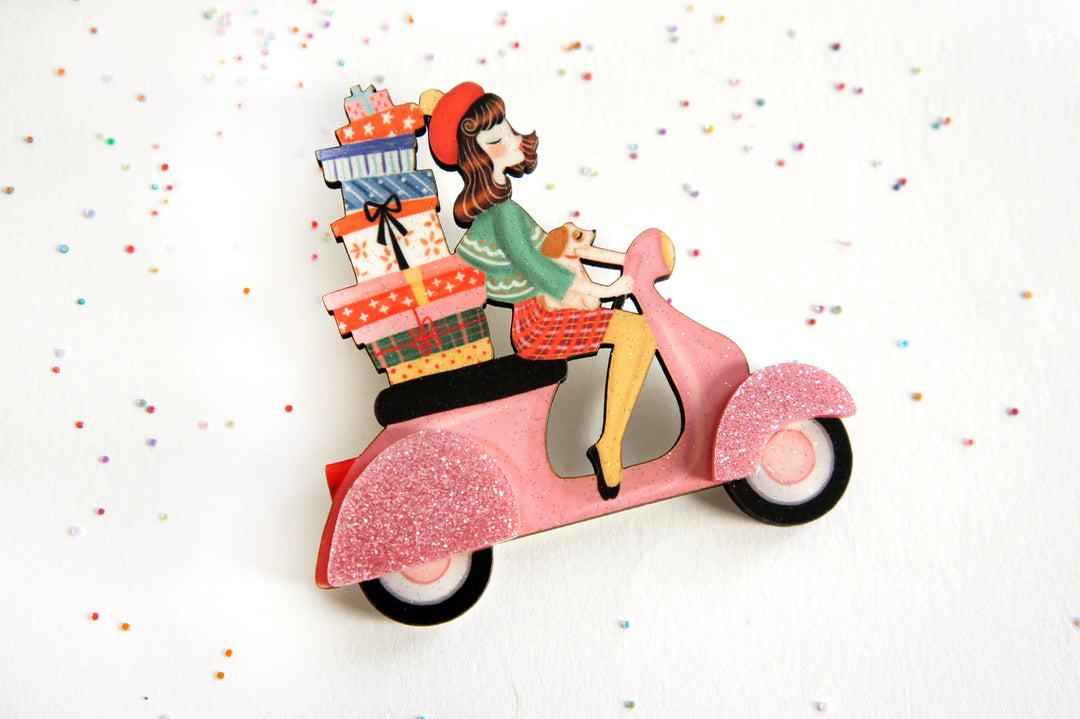 Girl on Scooter with Gifts Brooch by Laliblue