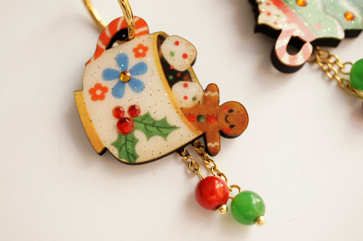 Christmas mug and tree earrings worn, LaliBlue Christmas jewelry, dangle earrings, illustrated wood