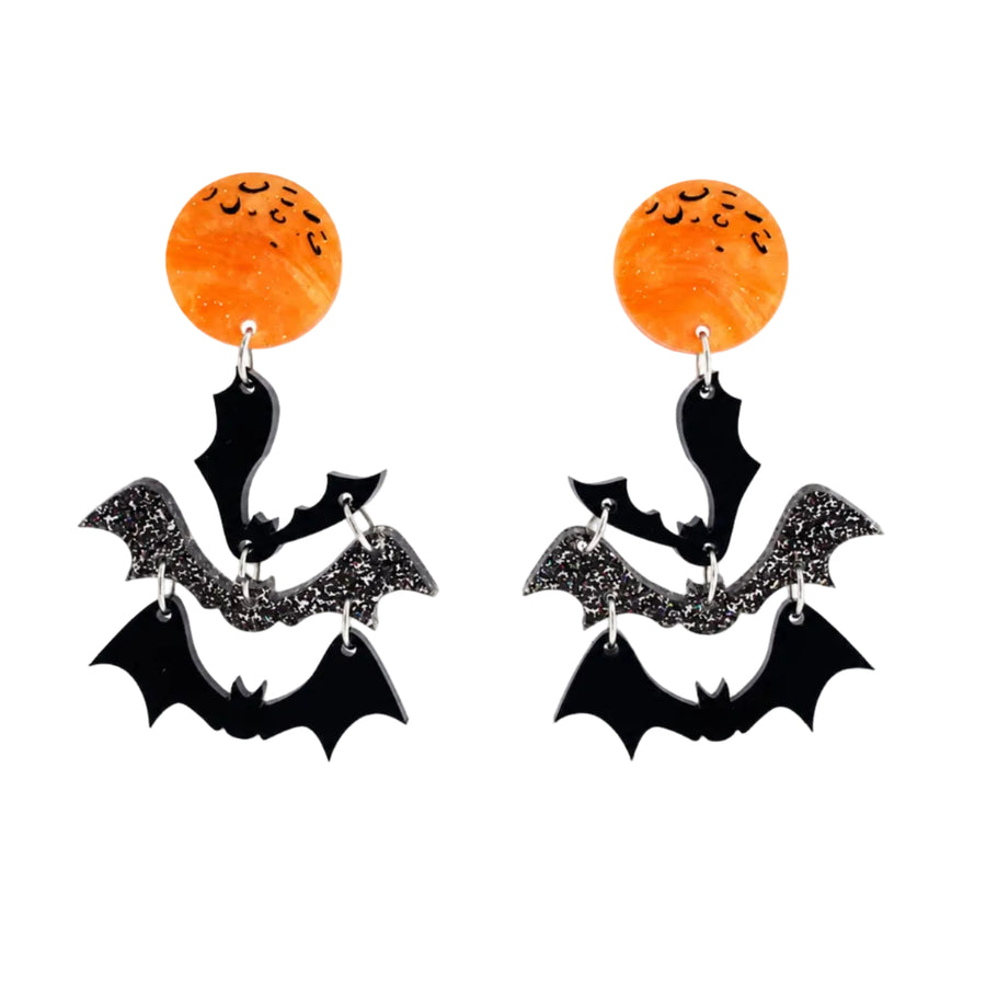 Halloween crescent moon and bats dangle earrings — spooky celestial acrylic jewelry — LaliBlue Midnight Cinema