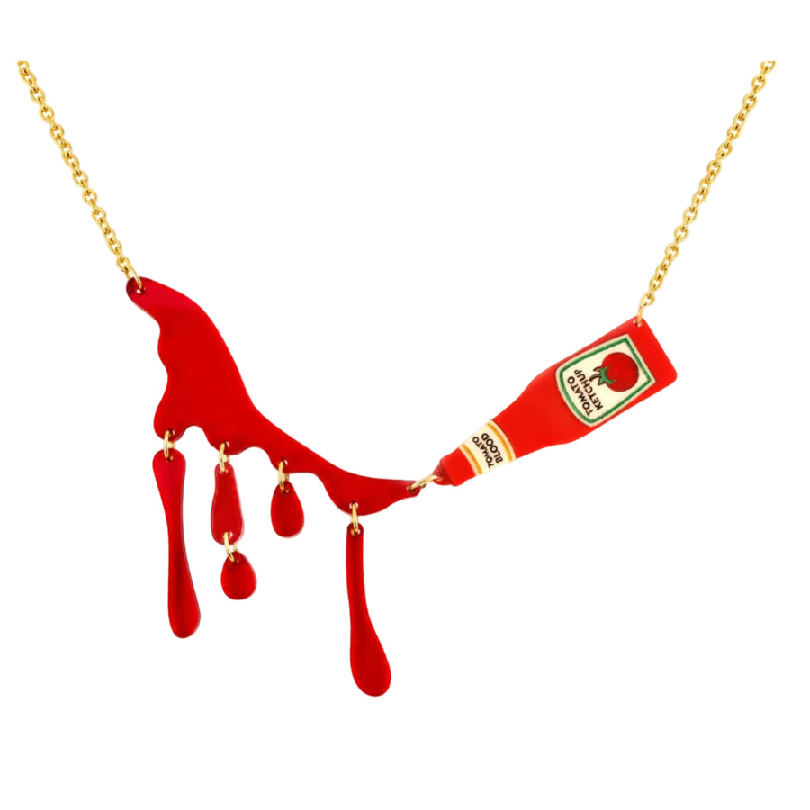 Blood ketchup cascade drip Halloween necklace — horror movie acrylic illustrated wood jewelry — LaliBlue Midnight Cinema