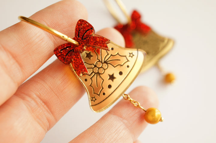 Gold Christmas bell earrings worn, LaliBlue Christmas jewelry, hoop earrings