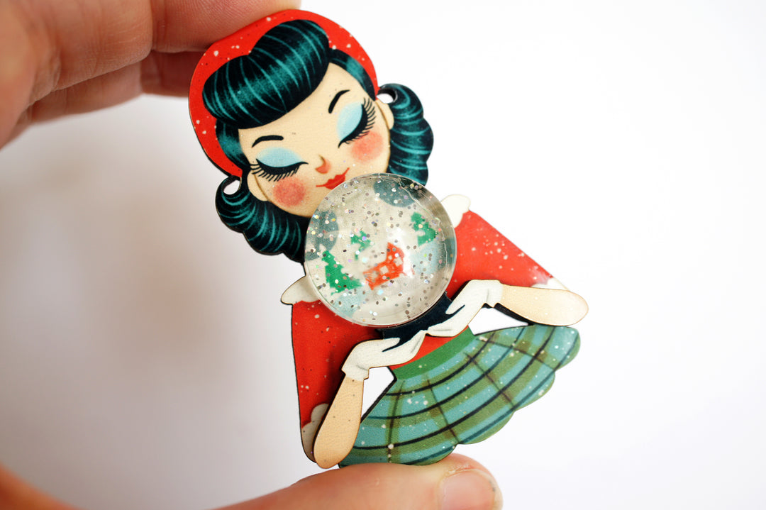 Girl with Snowman Snow Globe Brooch