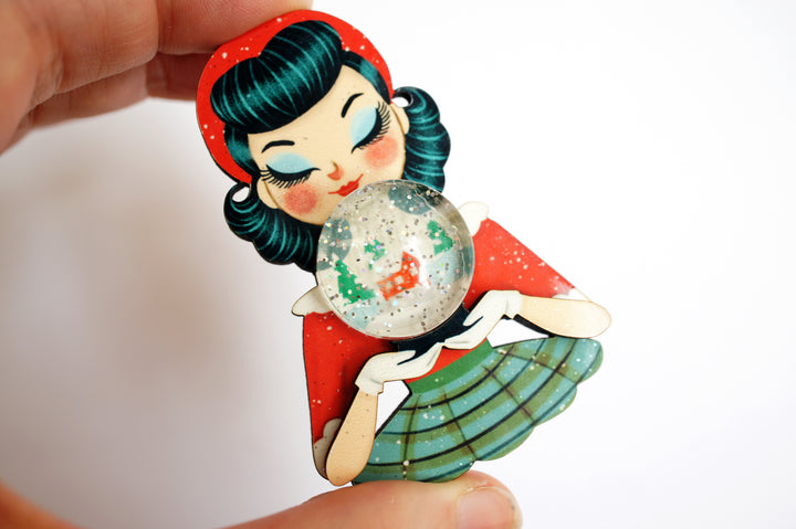 Girl with Snowman Snow Globe Brooch
