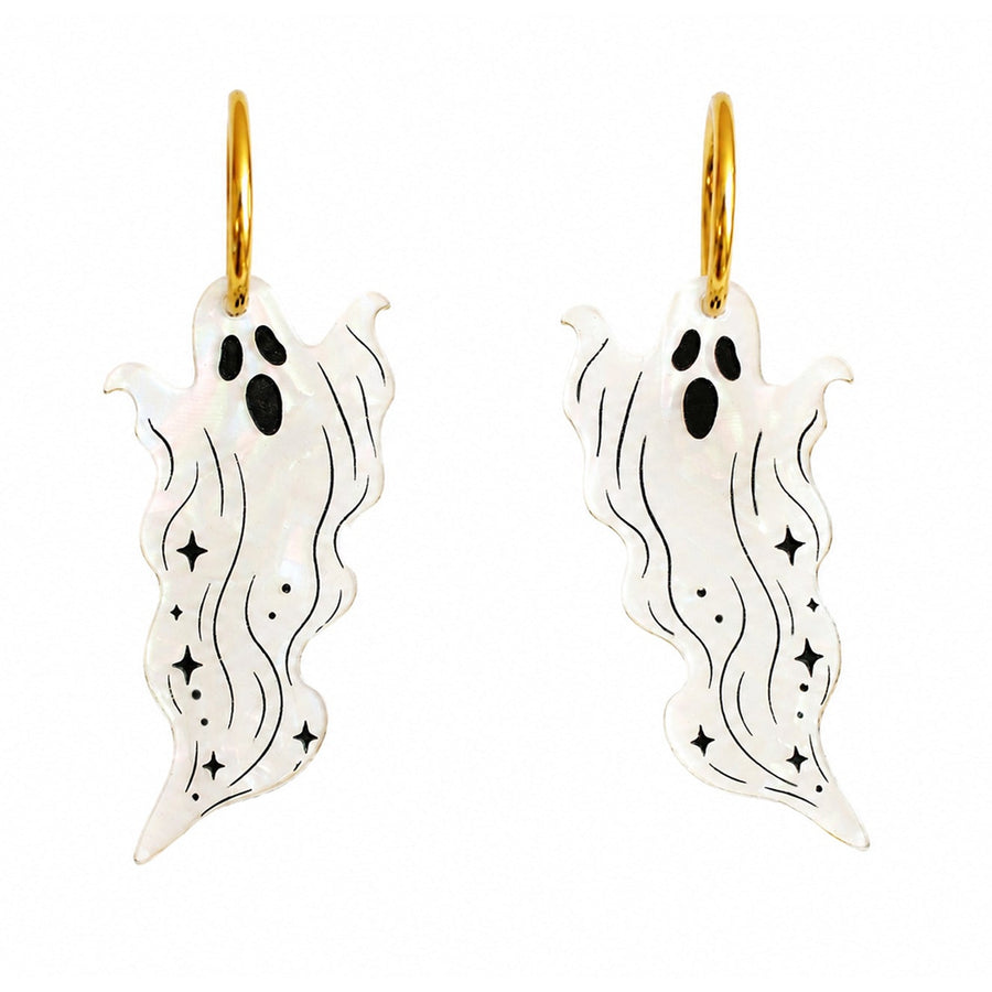 Long dangling ghost drop earrings in pearlescent acrylic — Halloween statement jewelry — LaliBlue Midnight Cinema