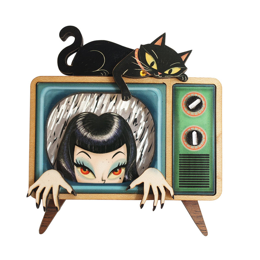 Ghost girl and black cat watching vintage TV at night brooch — Halloween acrylic scene jewelry — LaliBlue Midnight Cinema
