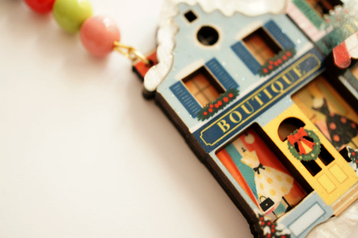 Toy shop on Christmas street necklace, LaliBlue Christmas jewelry, toy shop