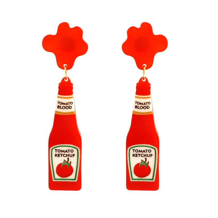 Tomato ketchup blood bottle Halloween earrings — horror movie novelty acrylic jewelry — LaliBlue Midnight Cinema