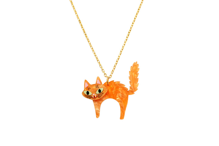 Scared Halloween black cat necklace worn — layered acrylic illustrated wood jewelry — LaliBlue Midnight Cinema