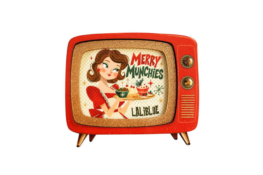 Merry Munchies retro TV brooch by LaliBlue: Christmas jewelry, 1950s TV commercial, pin-up hostess, snacks, glitter, illustrated wood, pre-order