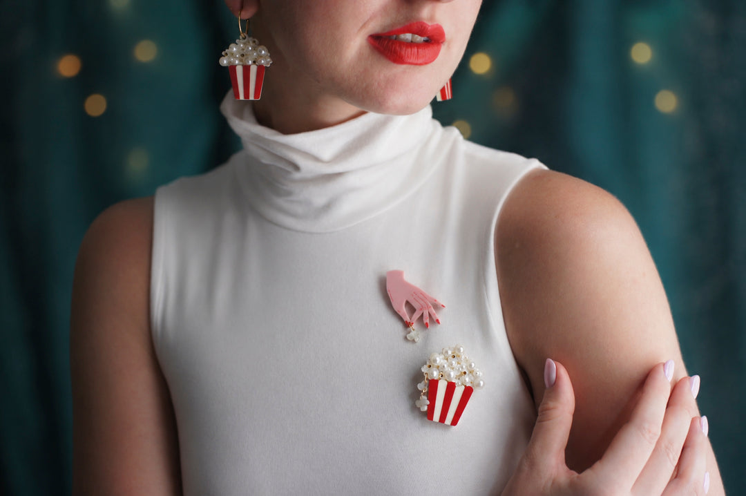 Popcorn brooch set of 2 detail — Halloween cinema snack layered acrylic jewelry — LaliBlue Midnight Cinema