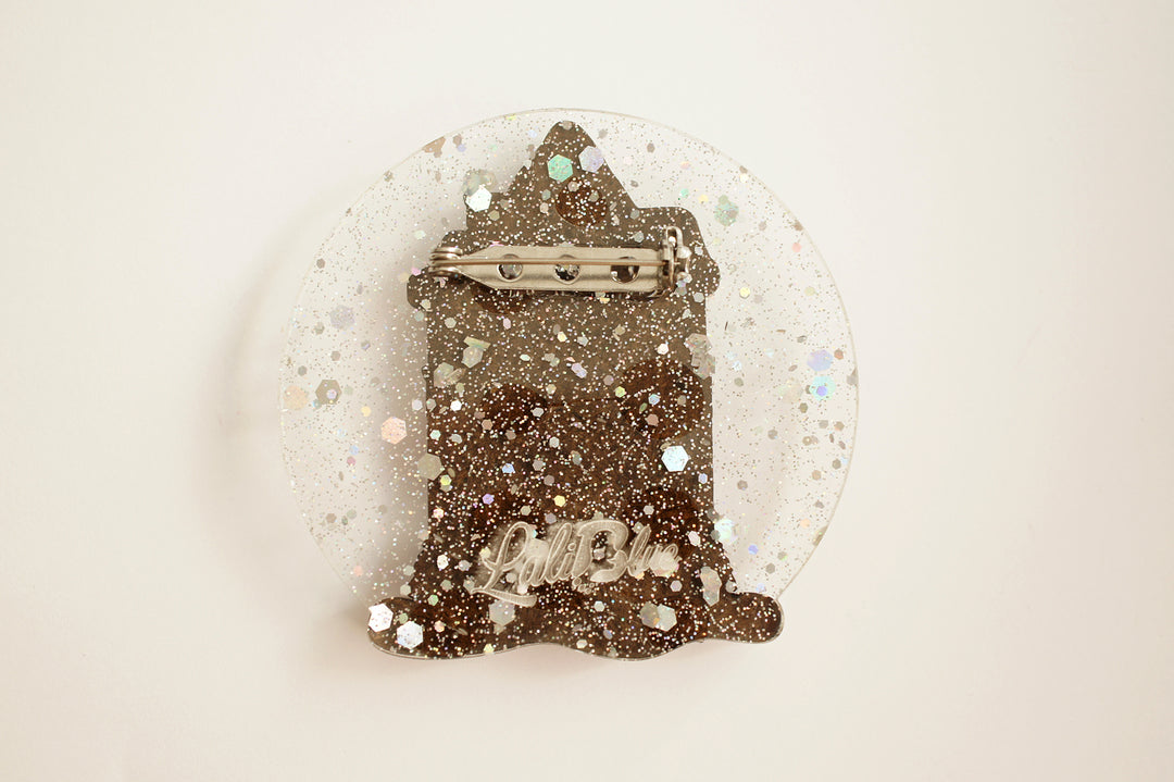Sweet shop snow globe brooch scale view, LaliBlue Christmas jewelry, pre-order