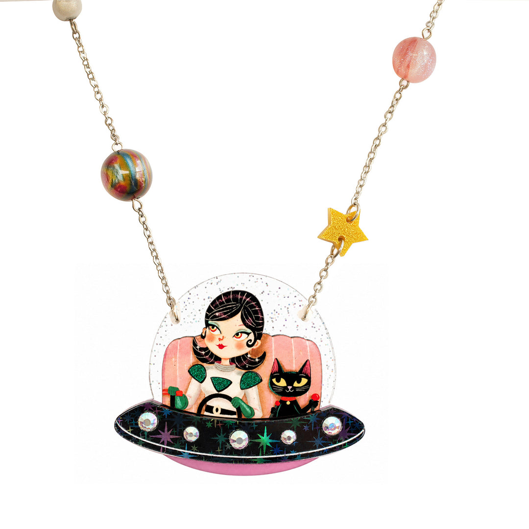 UFO Girl and Space Cat Necklace by Laliblue | Space Adventures Collection