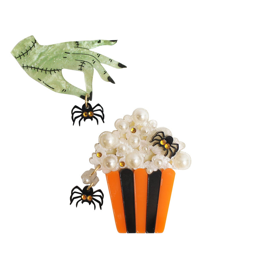 Layered acrylic Halloween popcorn brooch set — spooky cinema snack jewelry — LaliBlue Midnight Cinema